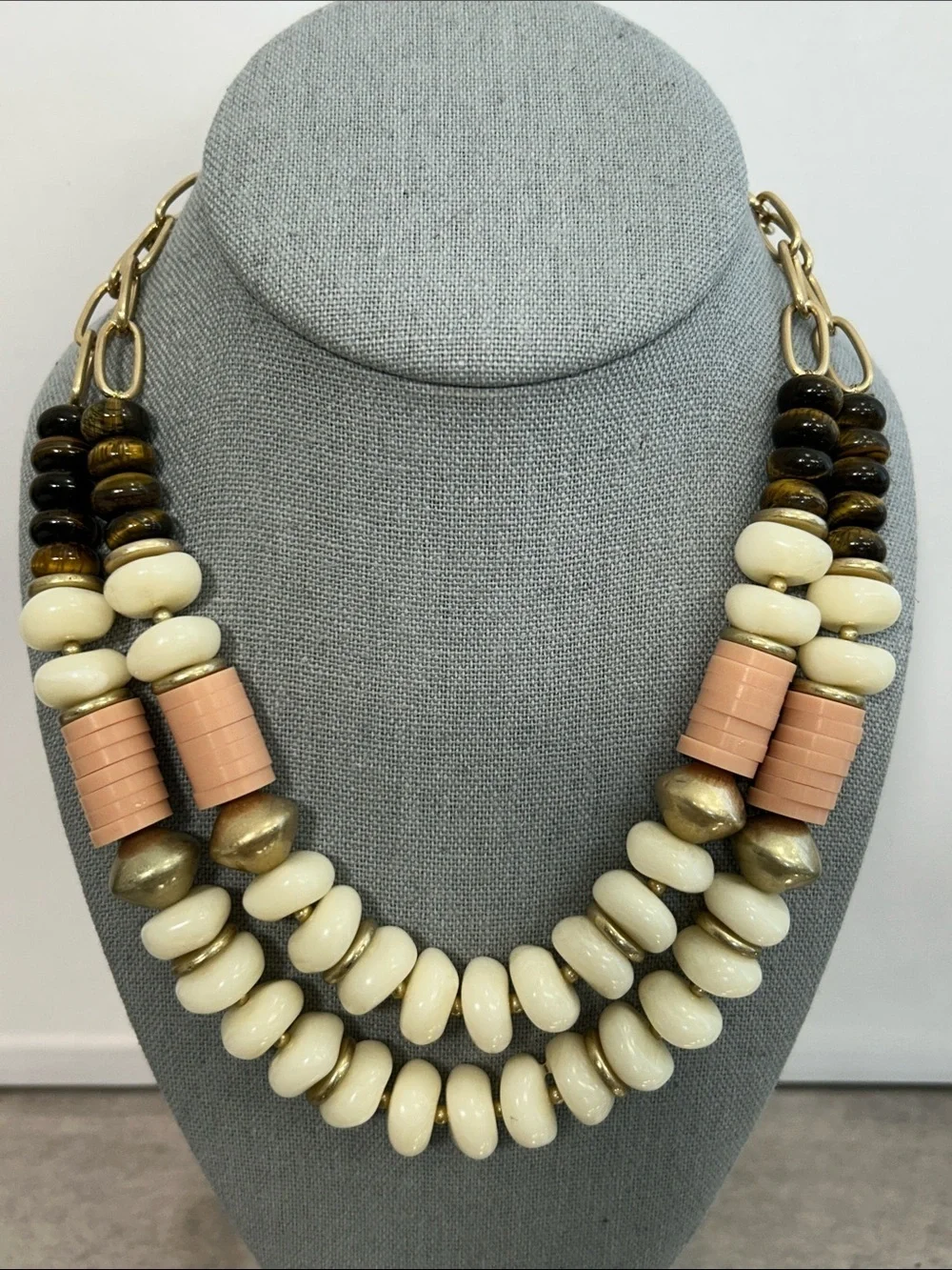 Banana Republic Cream, Peach & Tigers Eye Stone Double Strand Beaded Necklace